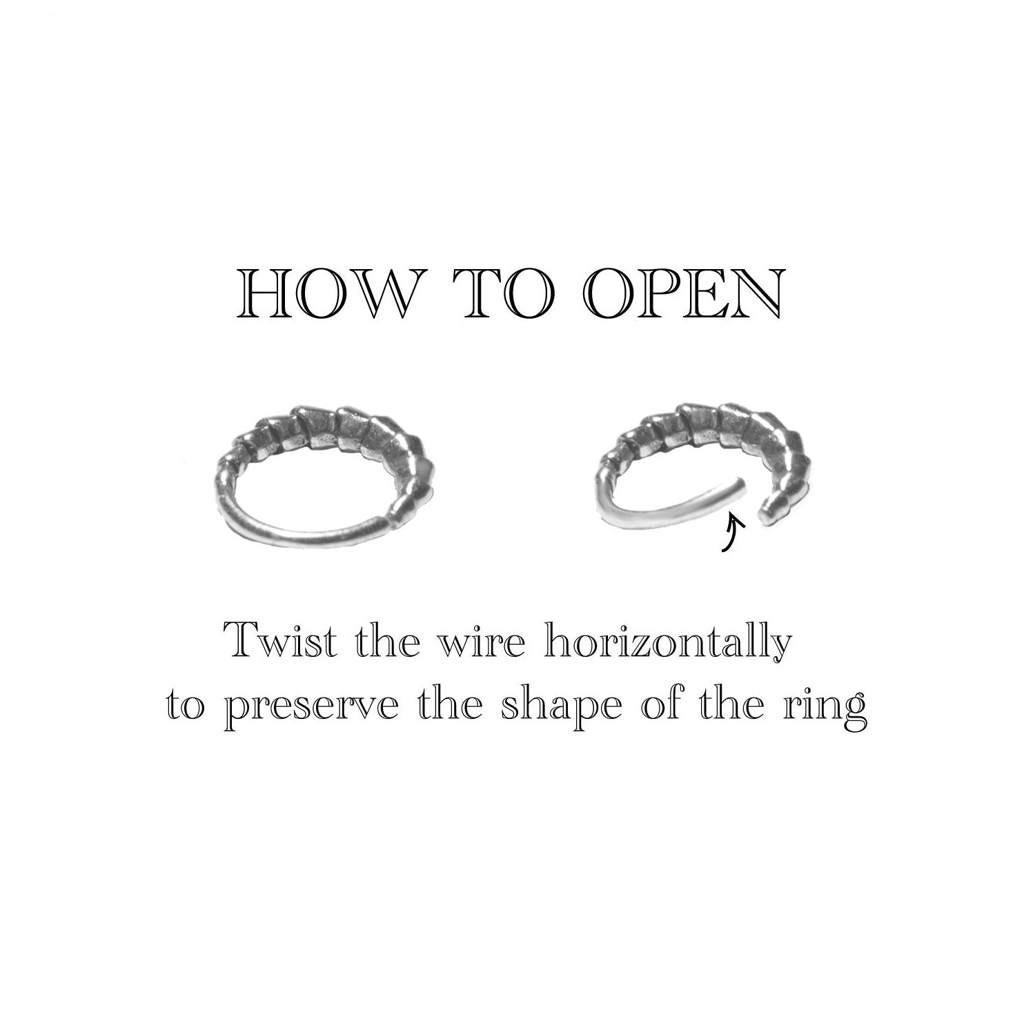Diagram showing how to open the AARO Cyborg Seamless Hoop Septum Nose Ring in Gold by Kaya Movement. The image displays two rings: one is closed on the left, and the other is partially opened on the right with an arrow pointing to the open end. The text instructions read, "Twist the wire horizontally to preserve the shape of your 18 gauge gold brass hoop ring.